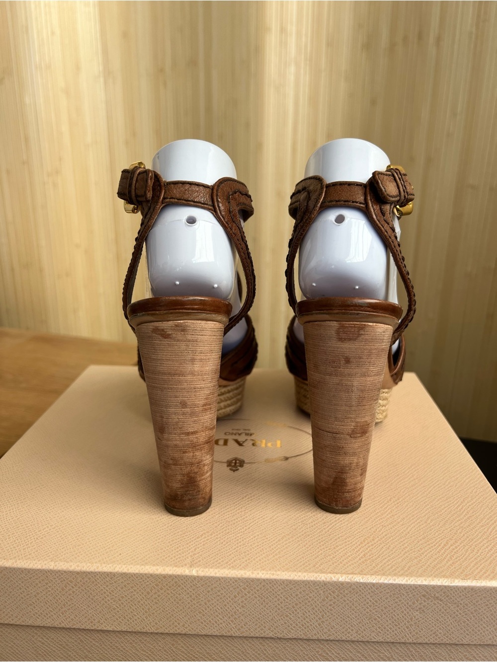 Prada Brown Leather Woven Platform Heel Sandals - Picture 3 of 5